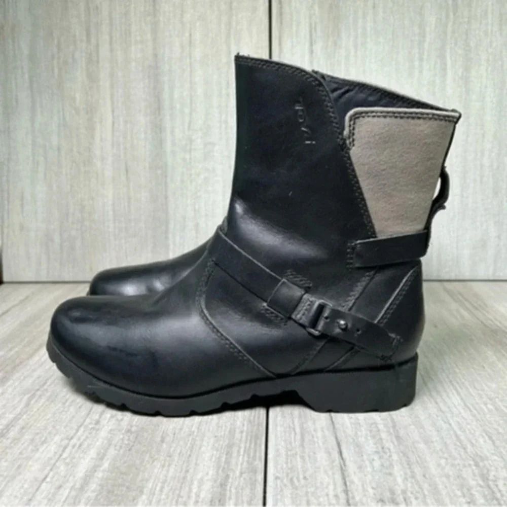 Teva De La Vina Black Leather Moto Biker Ankle Boots Waterproof Womens Size 6